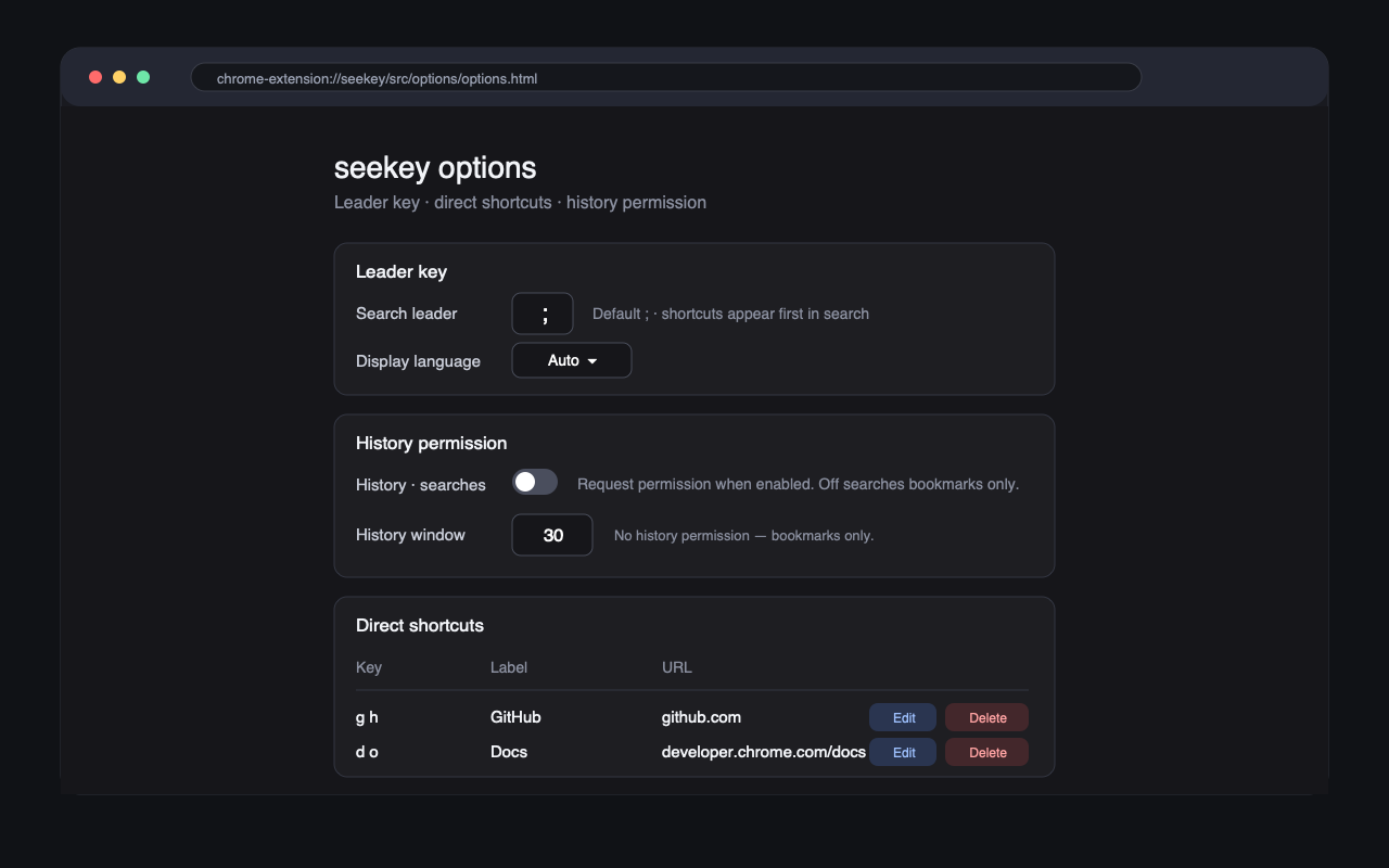 seekey options page with leader key, language, history toggle, and shortcut bindings